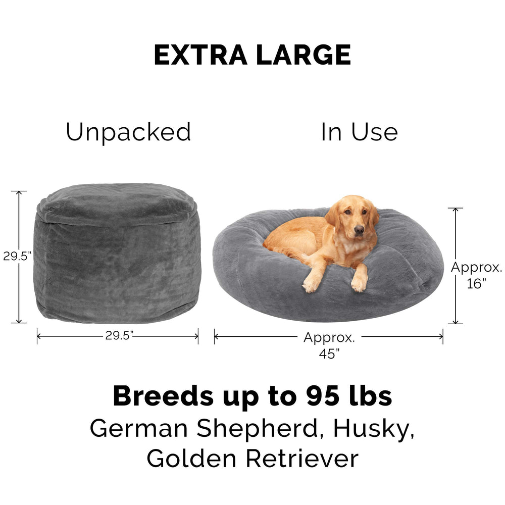 Soft & Cozy Dog Bed for Large Dogs, Refillable w/ Removable Washable Cover & Liner, For Dogs Up to 95 lbs - Plush Faux Fur Bean Bag Style Ball Bed - Gray Mist, XL/Jumbo