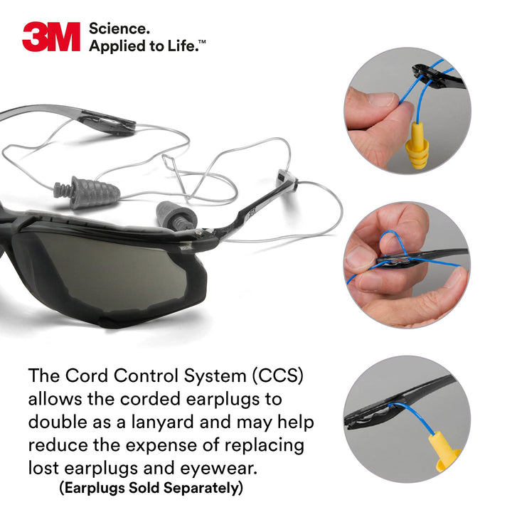 Safety Glasses 11873-00000-20, Virtua CCS, ANSI Z87, Anti-Fog, Gray Lens, Black Frame, Corded Ear Plug Control System, Removable Foam Gasket