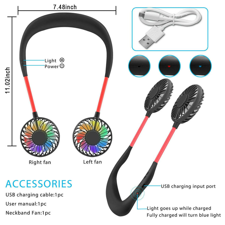 Portable Neck Fan, USB Rechargeable Fan with 3 Speeds Adjustable, Neck Fans Portable Rechargable Prime with LED Lights - Black
