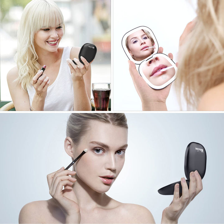Travel Mirror with Light, Rechargeable 1x/10x Compact Magnifying Mirror, Dimmable Pocket Mirror,Handheld Double Mirror with Light,3.5 inch Travel Size,Portable for Handbag,Purse,Gift,Cyan