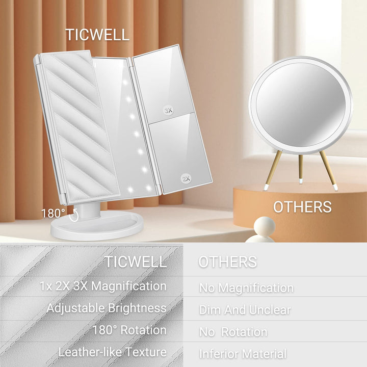 Vanity Mirror Makeup Mirror with Lights, Trifold Makeup Mirror HD 1X 2X 3X Magnification, 21 LED Lights, Touch Control, Dual Power 180°Rotation Portable Beauty Mirror, Gift for Women