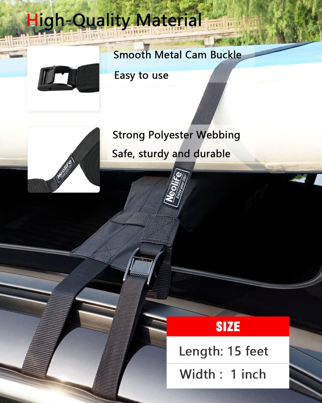 Rack Strap Tie Down Straps for Surfboard SUP Paddleboard Kayak Snowboard and Canoes, 15 Feet (Pair), Black