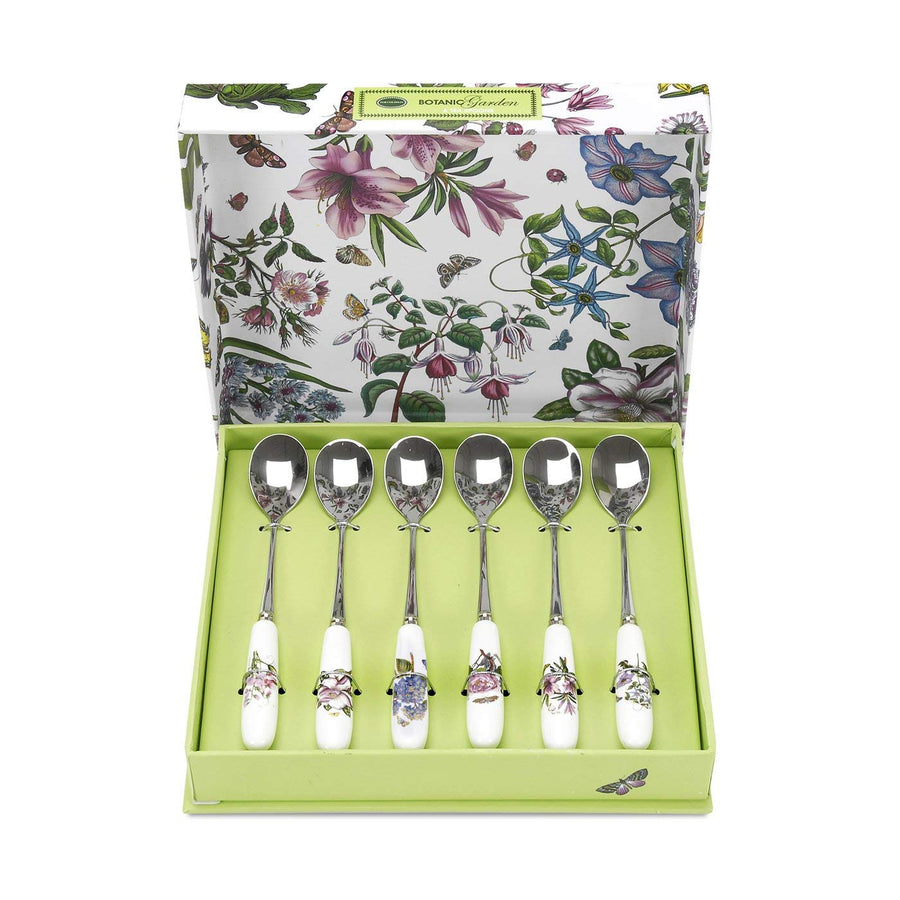 Botanic Garden 6 Teaspoons - Set of 6 | Assorted Floral Motifs | Stainless Steel and Fine Porcelain | Ideal for Morning Cupper or Afternoon Tea