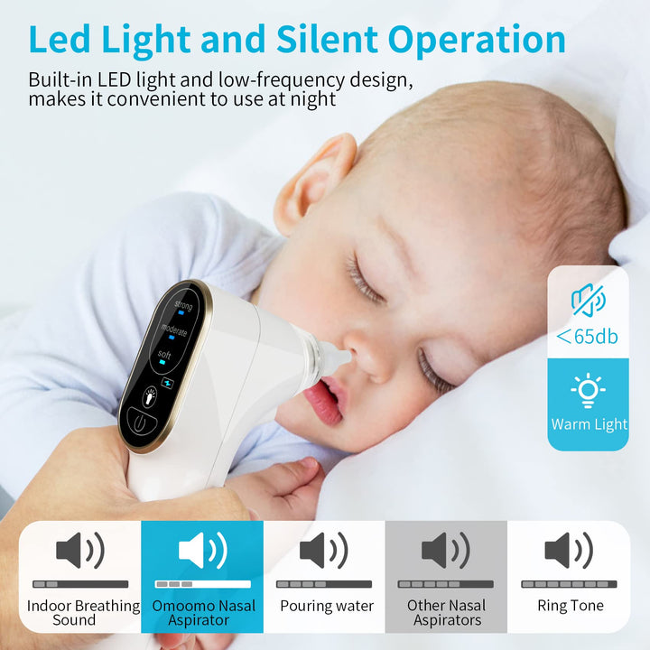 Nasal Aspirator for Baby, Electric Nose Sucker with Warm Light, Low Noise Nose Cleaner, USB Rechargeable, 3 Suction Levels, Contain 4 x Silicone Tips, 1 x Nasal Spray Boottle, 1 x Tweezers