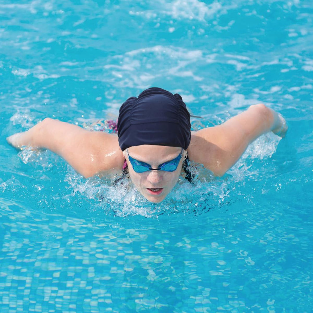 Colorful Pleated Nylon Cloth Swim Cap Large Swimming Cap Hot Spring Bathing Caps for Adult Men Women Long Hair(Navy Blue)