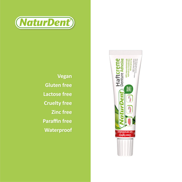 Natural Strong Denture Adhesive Holds Dentures Longer and Stronger NO Zinc NO Paraben No Yucky Taste Bundle with Dentu-Care Denture Storage Box Case and Denture Brush