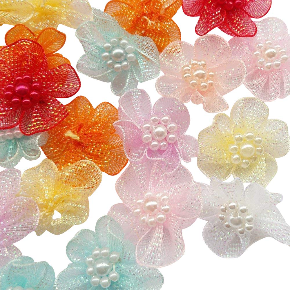 Mix Lots 40pcs 28mm Organza Ribbon Flowers Bows w/Beads Appliques Wedding Craft (Organza Flower(A0020))