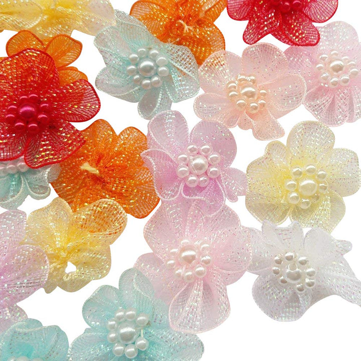 Mix Lots 40pcs 28mm Organza Ribbon Flowers Bows w/Beads Appliques Wedding Craft (Organza Flower(A0020))
