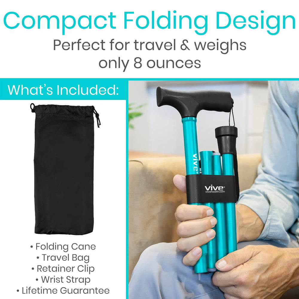Folding Cane - Foldable Walking Cane for Men, Women - Fold-up, Collapsible, Lightweight, Adjustable, Portable Hand Walking Stick - Balancing Mobility Aid - Sleek, Comfortable T Handles (Teal)