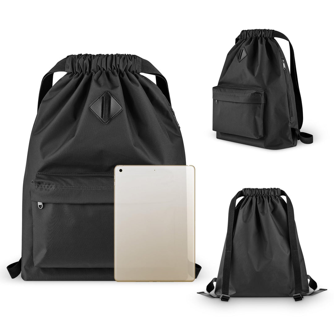 Drawstring Backpack Water Resistant String Bag Cinch Bag Sports Gym Sack with Side Pocket for Men Women - Black