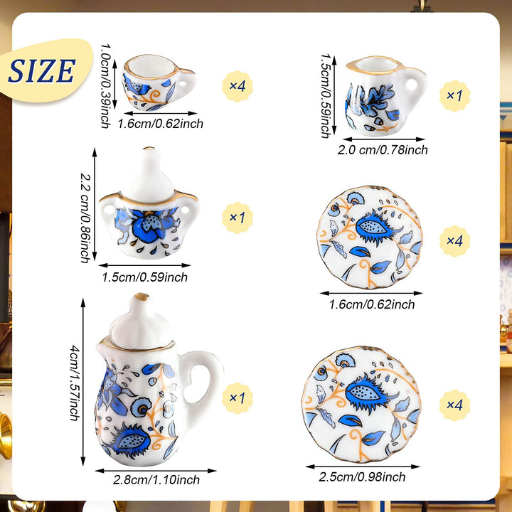 37 Pieces 1:12 Scale Miniatures Dollhouse Kitchen Accessories Include 16 Mini Doll Plates Knife Fork Spoon, 6 Mini Egg Beater Utensil, 15 Mini Tea Cup Set for Doll Toy Supplies (Blue Flower)
