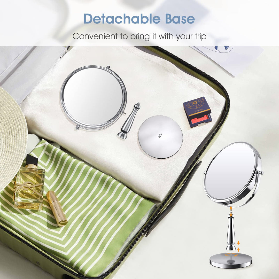 8 Large Makeup Vanity Mirror, Double Sided 1X 10X Magnification Mirror, 360 Swivel Round Mirror with Stand and Removable Base, High Definition, Chrome Finish(Silver)