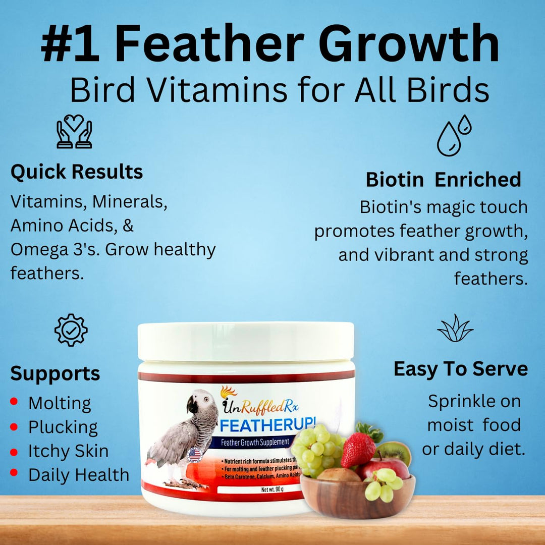FeatherUp! Bird Vitamins with Biotin for Beautiful Plumage - Feather Growth Supplements for Parrots - 90 gm - 240 Servings