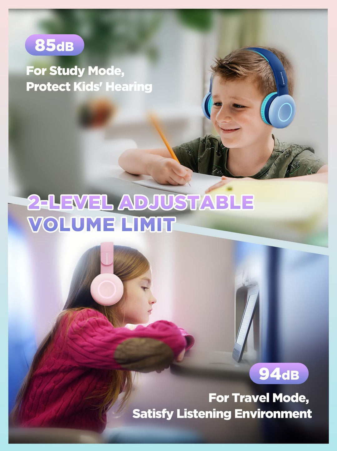 Kids Wireless Bluetooth Headphones with 7 Colorful LED Lights, 50H Playtime, Microphone, 85dB/94dB Volume Limited, Foldable On Ear Headphones for School/Girls/Boys/Fire Tablet, Blue