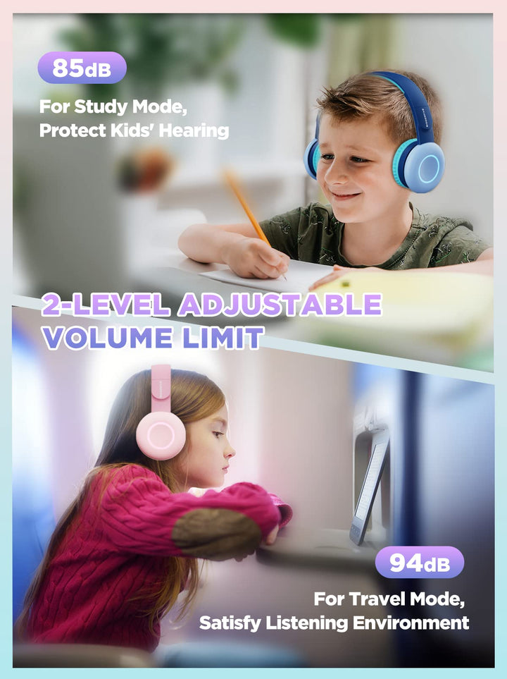 Kids Wireless Bluetooth Headphones with 7 Colorful LED Lights, 50H Playtime, Microphone, 85dB/94dB Volume Limited, Foldable On Ear Headphones for School/Girls/Boys/Fire Tablet, Blue