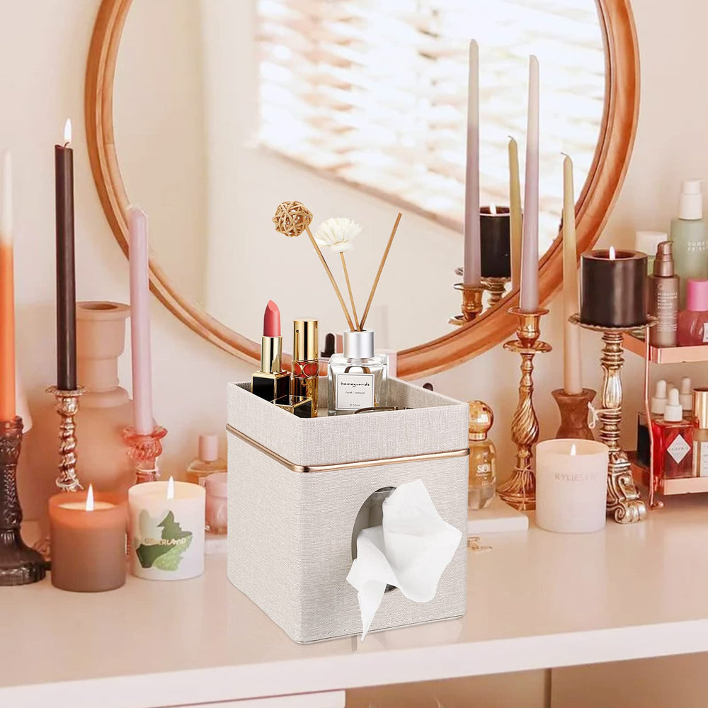 Leather Square Tissue Box Cover - Decorative Cube Tissue Box Holder with Tray, Stylish Facial Tissue Holder for Bathroom Vanity Dresser Table Home Office Bar, Marble White