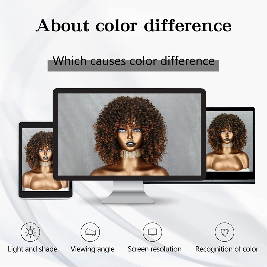 Omber Brown Kinky Curly Wig for Black Women, Short Curly Afro Wigs with Bangs, Synthetic African American Full Hair Wig 14 inch
