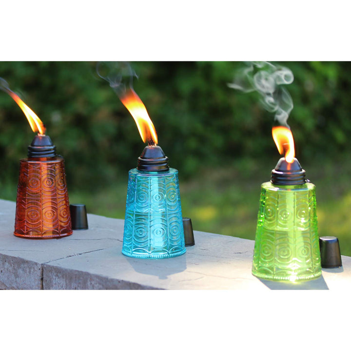 Citronella Table Top Torches for Outdoor Patio, 16oz Decorative Glass Torch Citronella Oil Candles for Outside Deck, Garden, Parties, Set of 3, Blue/Amber/Green