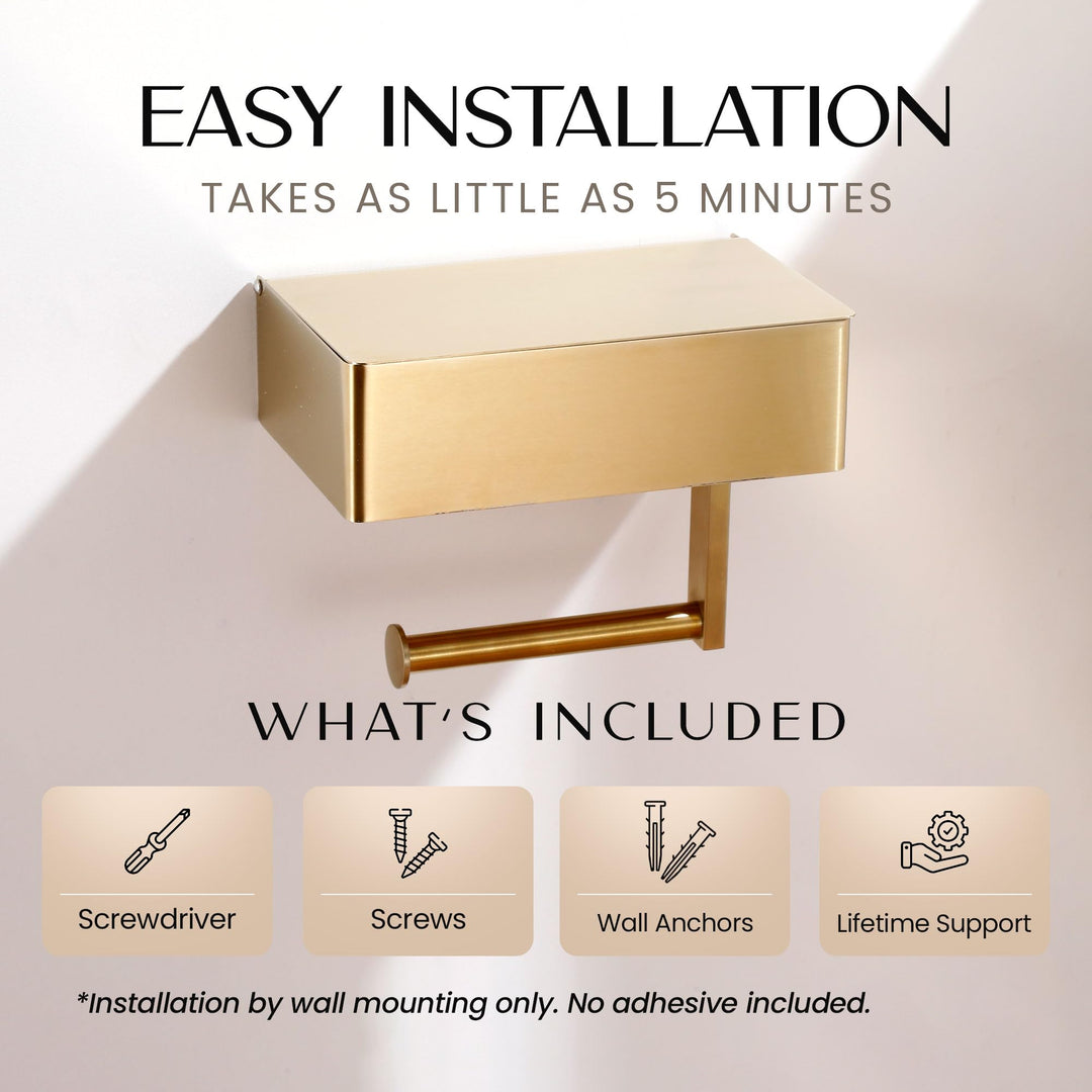 Day Moon™ Brushed Gold Toilet Paper Holder with Shelf, Wipe Holder for Bathroom Flushable Wipes Dispenser Toilet Paper and Wipes Holder, Toilet Paper Holder with Storage Toilet Paper Holder Wall Mount