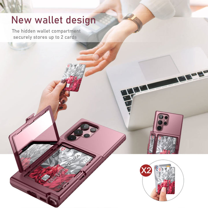 for Samsung Galaxy S22 Ultra Wallet Case with Credit Card Holder & Hidden Mirror, All-Round Protection Shockproof Phone Cover Designed for Samsung Galaxy S22 Ultra, 6.8 Inch Burgundy