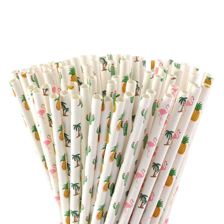 Hawaiian Tropical Party Paper Straws, Flamingo/Pineapple/Cactus/Coconut Tree Biodegradable Straws for Beach Cocktail Luau Decorations, Pack of 100