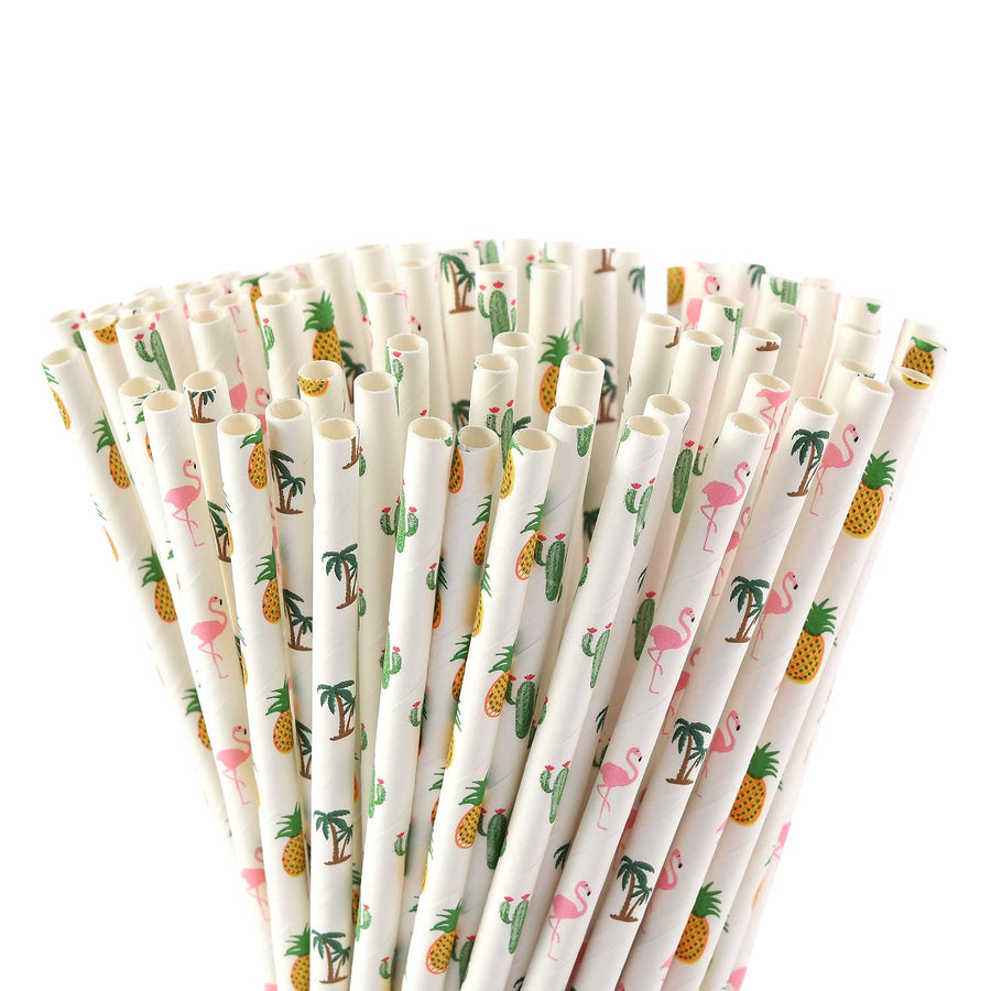 Hawaiian Tropical Party Paper Straws, Flamingo/Pineapple/Cactus/Coconut Tree Biodegradable Straws for Beach Cocktail Luau Decorations, Pack of 100