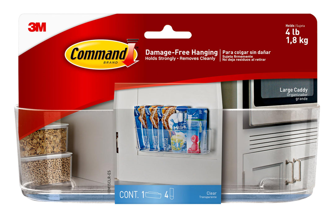 Large Caddy, Holds up to 4 lb, 8.6 x 3.1 x 3, 1 Caddy with 4 Strips, Damage Free Organization Wall Mount to Cabinet, Kitchen, Pantry, Closet, or Under Sink