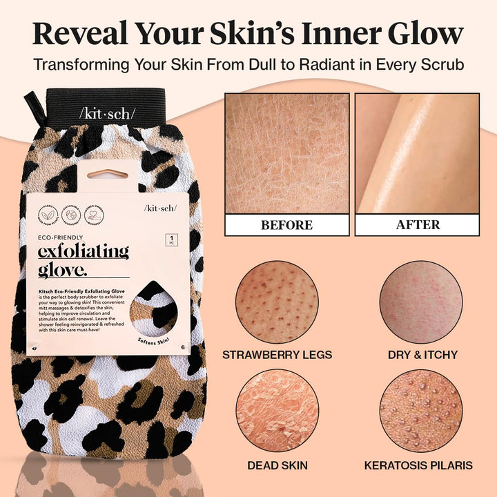 Deep Exfoliating Glove, Eco Friendly Exfoliating Body Scrubber, Dead Skin Remover & Body Scrubber Exfoliator, Body Scrub Mitt for Skin Cell Renewal, Body Exfoliating Gloves for Shower, Leopard