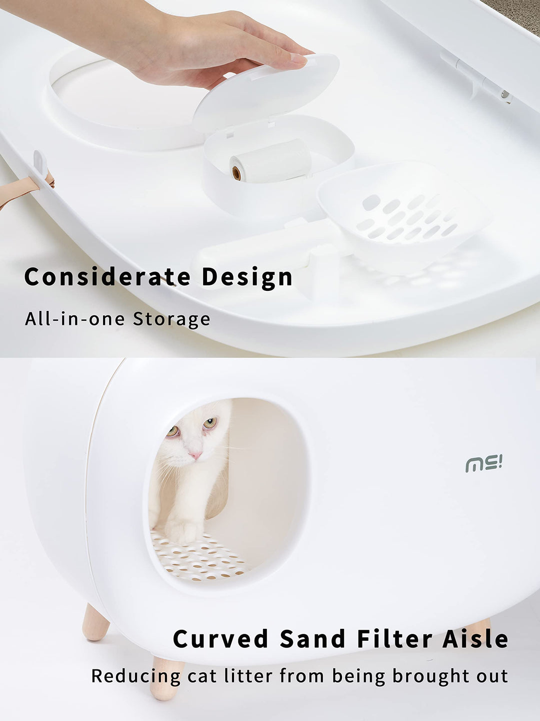 Cat Litter Box (with Litter Mat), Enclosed Design, Large Space Litter Box with Lid, Prevent Sand Leakage and Isolate Odors, Easy to Clean, with Cat Litter Scoop - White