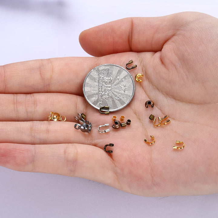 2100 Pieces 2mm Brass Tube Crimp Beads | 3mm Open Half Round Crimp Beads | 4.5mm U Tube End Cord Bead Clamp Tips | 7mm Bead Tips Knot Covers for DIY Jewelry Bracelets Necklaces Making