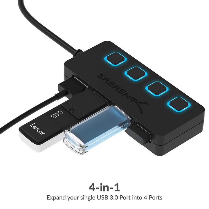 4-Port USB 3.0 Hub with Individual LED Power Switches - Slim, Portable Design - 2 Ft Cable - Fast Data Transfer - Compatible with Mac & PC (HB-UM43)