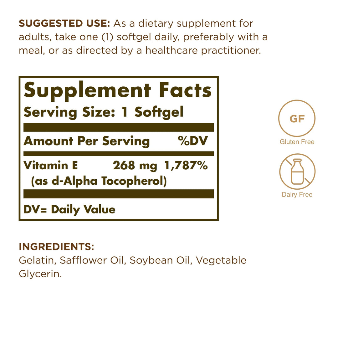 Vitamin E 268 mg (400 IU) - 250 Softgels - Naturally-Sourced Vitamin E as d-Alpha Tocopherol - Gluten Free, Dairy Free - 250 Servings
