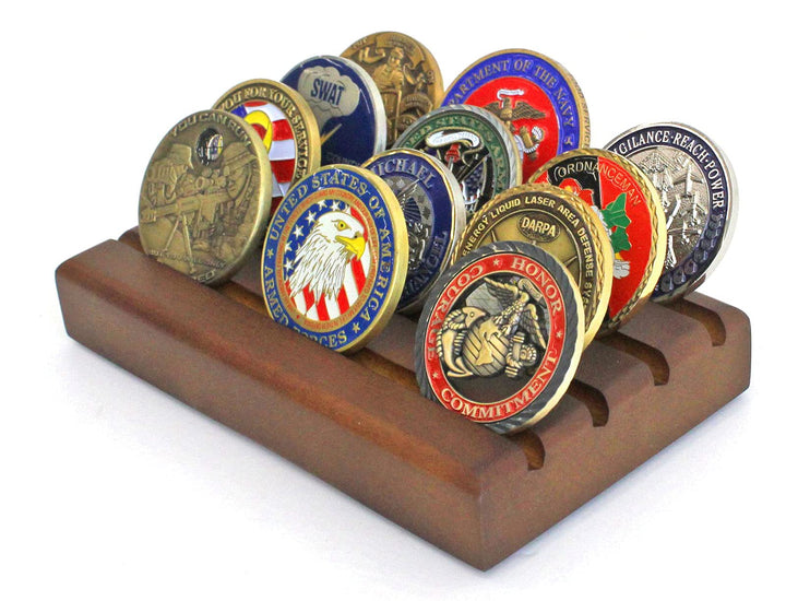 Challenge Coin Display Stand Wooden Holder Rack Case Holds 12 Military Challenge Coins, Walnut Finish