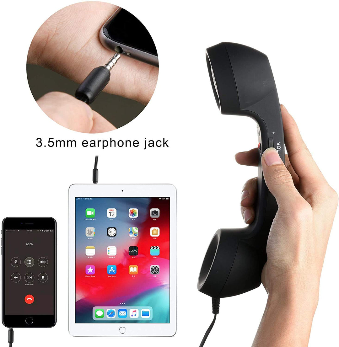 Retro 3.5mm Telephone Handset Cell Phone Receiver Mic Microphone Speaker for iPhone iPad Mobile Phones Cellphone Smartphone (Black)