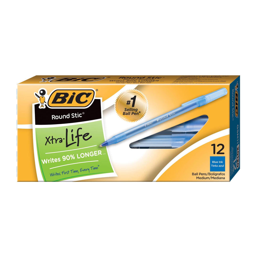 Round Stic Xtra Life Blue Ballpoint Pens, Medium Point (1.0mm), 12-Count Pack of Bulk Pens, Flexible Round Barrel for Writing Comfort, No. 1 Selling Ballpoint Pens