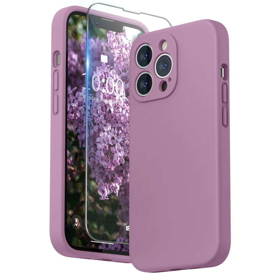 Compatible with iPhone 13 Pro Case with Screen Protector, (Camera Protection + Soft Microfiber Lining) Liquid Silicone Phone Case 6.1 inch 2021, Lilac Purple