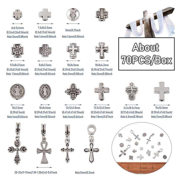 Pandahall 70pcs/Box 16 Styles Antique Silver Holy Cross Beads Tibetan Style Metal Spacer Cross Charms Prayer Beads for Rosary Bracelet Jewelry Making Supplies