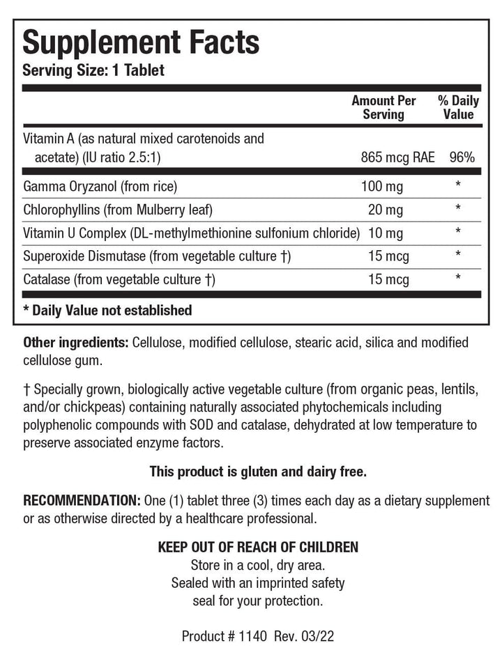 Gastrazyme™ Digestive Support - Supplies Vitamin U Complex, Chlorophyllins, Gamma Oryzanol (from Rice) Supplement Supports Gastrointestinal Health & Gut Lining - 90 Tablets
