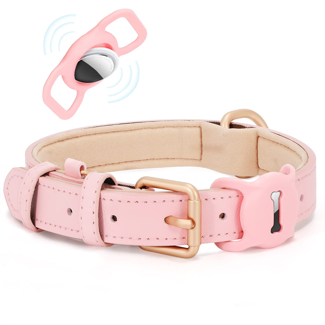 Airtag Leather Dog Collar for Small Medium Large Dog Adjustable Soft Padded Air Tag Puppy Collar Heavy Duty Metal Buckle Collar with Anti-Lost Airtag Holder Protective Case,XS,Pink