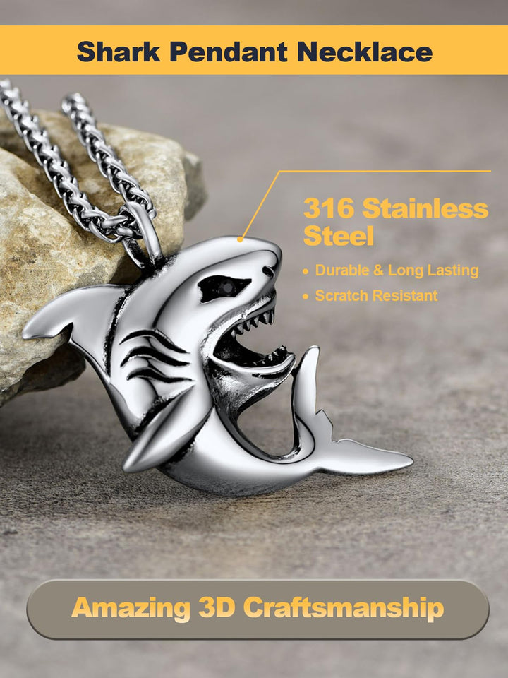 Punk Shark Pendant Animal Jewelry with Stainless Steel Chain 22 Inch