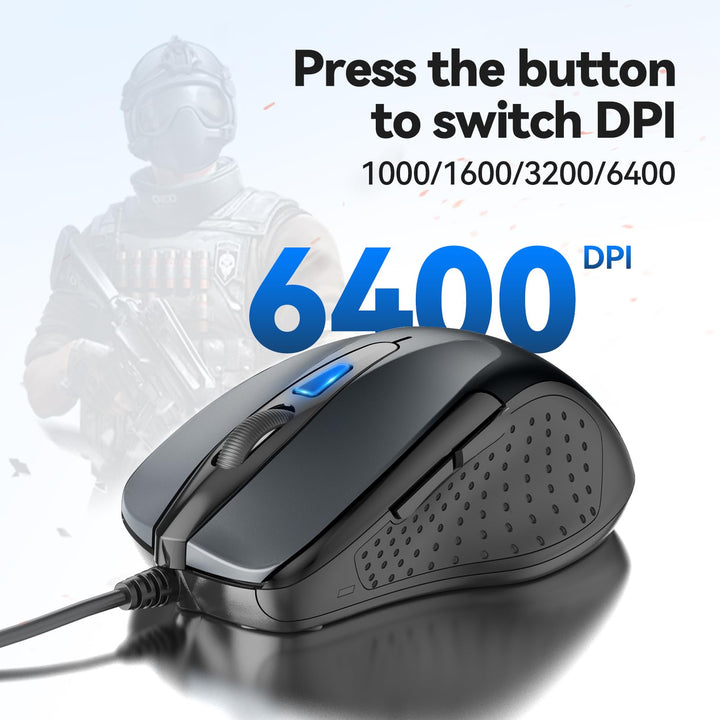 USB Wired Mouse, 6-Button Corded Mouse with 4 Adjustable DPI, Optical Computer Mouse with Ergonomic Design and 5FT Cord for Laptop, Chromebook, PC, Desktop, Mac, Notebook-Gray