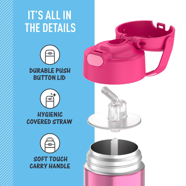 FUNTAINER Water Bottle with Straw - 12 Ounce, Pink - Kids Stainless Steel Vacuum Insulated Water Bottle with Lid