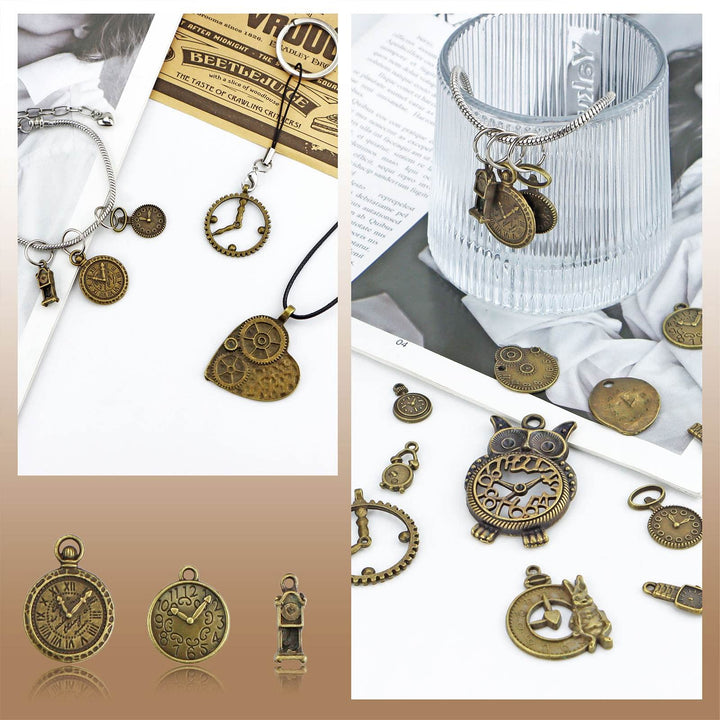 Antiqued Bronze Clock Face Charm Pendant, Wholesale Bulk Lots Mixed Gears Steampunk Charms Pendants DIY for Necklace Bracelet Jewelry Making and Crafting, 100g(38PCS)
