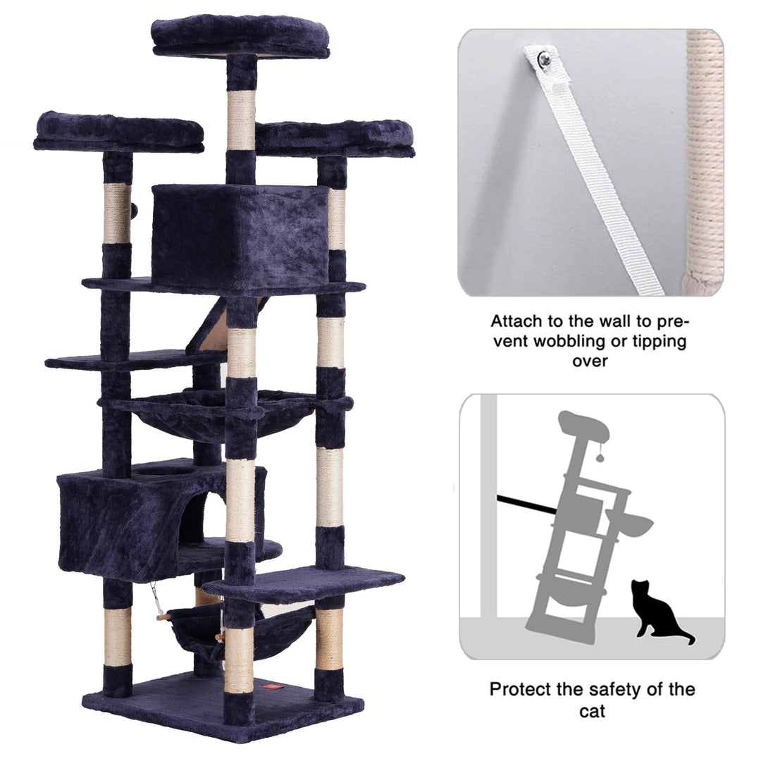 Cat Tree, 73 inches Tall Cat Tower for Large Cats 20 lbs Heavy Duty for Indoor Cats,Big Cat Furniture Condo for with Padded Plush Perch, Cozy Basket and Scratching Posts Smoky Gray HCT030G