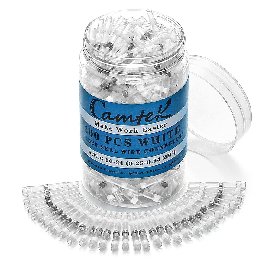 200PCS White Solder Seal Wire Connectors, 26-24 AWG Self Soldering Heat Shrink Wire Connectors Marine Grade Waterproof Insulated Electrical Butt Splice Wire Terminals for Automotive Boat Truck