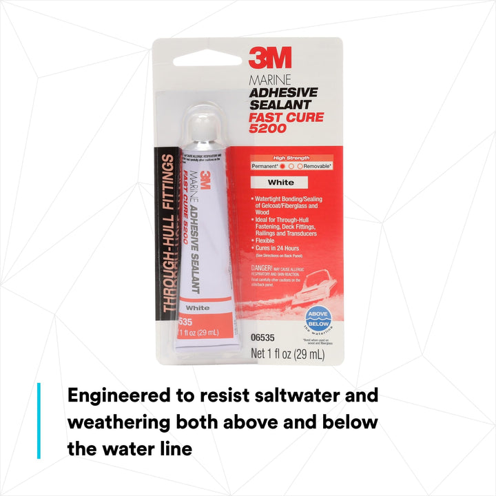 Marine Adhesive Sealant Fast Cure 5200 (05220) Permanent Bonding and Sealing for Boats and RVs Above and Below the Waterline Waterproof Repair, White, 3 fl oz Tube