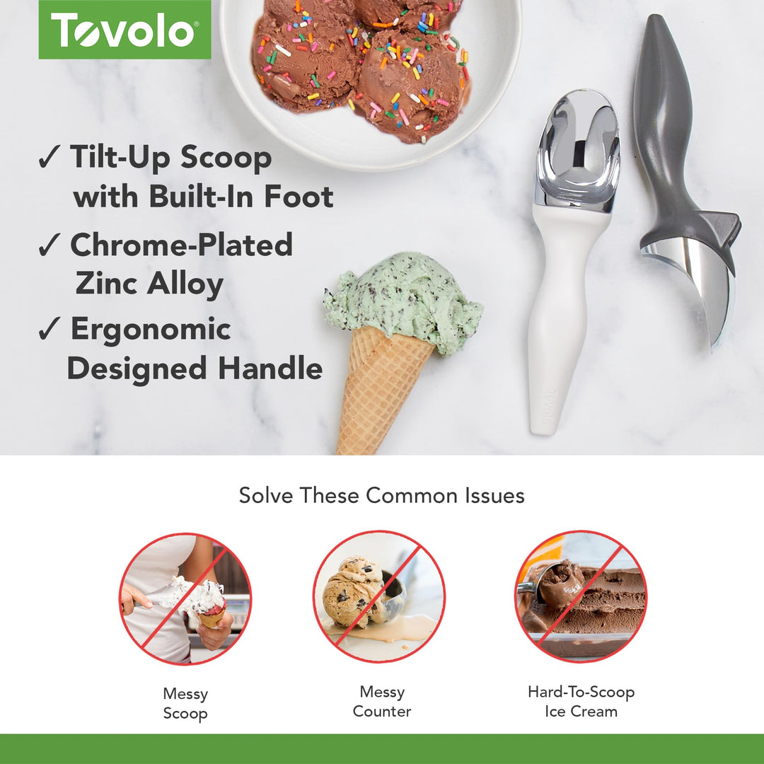 Tilt-Up Ice Cream Scoop (White) - Non-Slip Grip Ice Cream Scooper with Footed Handle – Ice cream Scoop for Cookie Dough, Gelato, Sorbet & Frozen Treats - Dishwasher Safe & BPA-Free