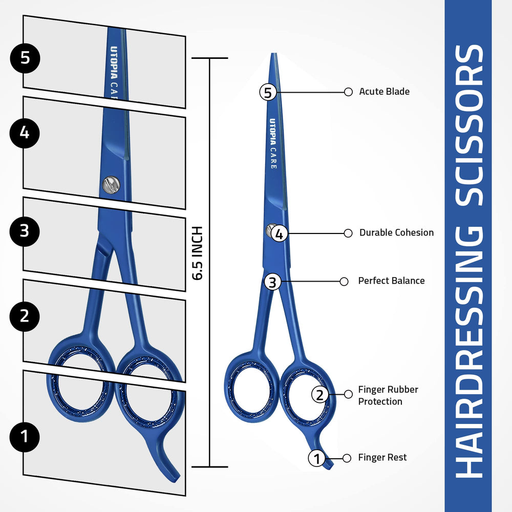 Hair Cutting and Hairdressing Scissors 6.5 Inch, Premium Stainless Steel shears with smooth Razor & Sharp Edge Blades, for Salons, Men & Women, Kids, Adults, & Pets - Blue