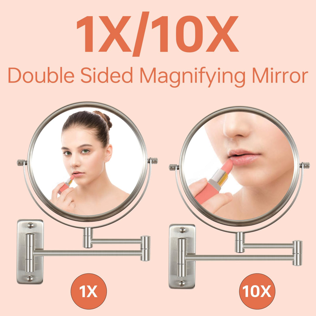 8 Wall Mounted Makeup Mirror 1X/ 10x Magnifying Mirror Double Sided Vanity Makeup Mirror for Bathroom Nickel Brush Finish