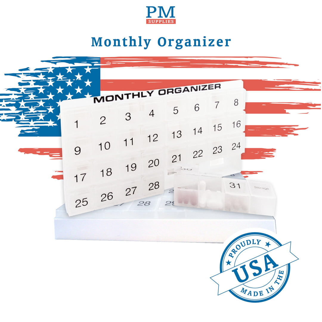 31 Day Pill Organizer | 1 per Day, 4 Week, 31 Compartments + Storage Monthly Pill Organizer | Includes Tray and 8 Removable compartments